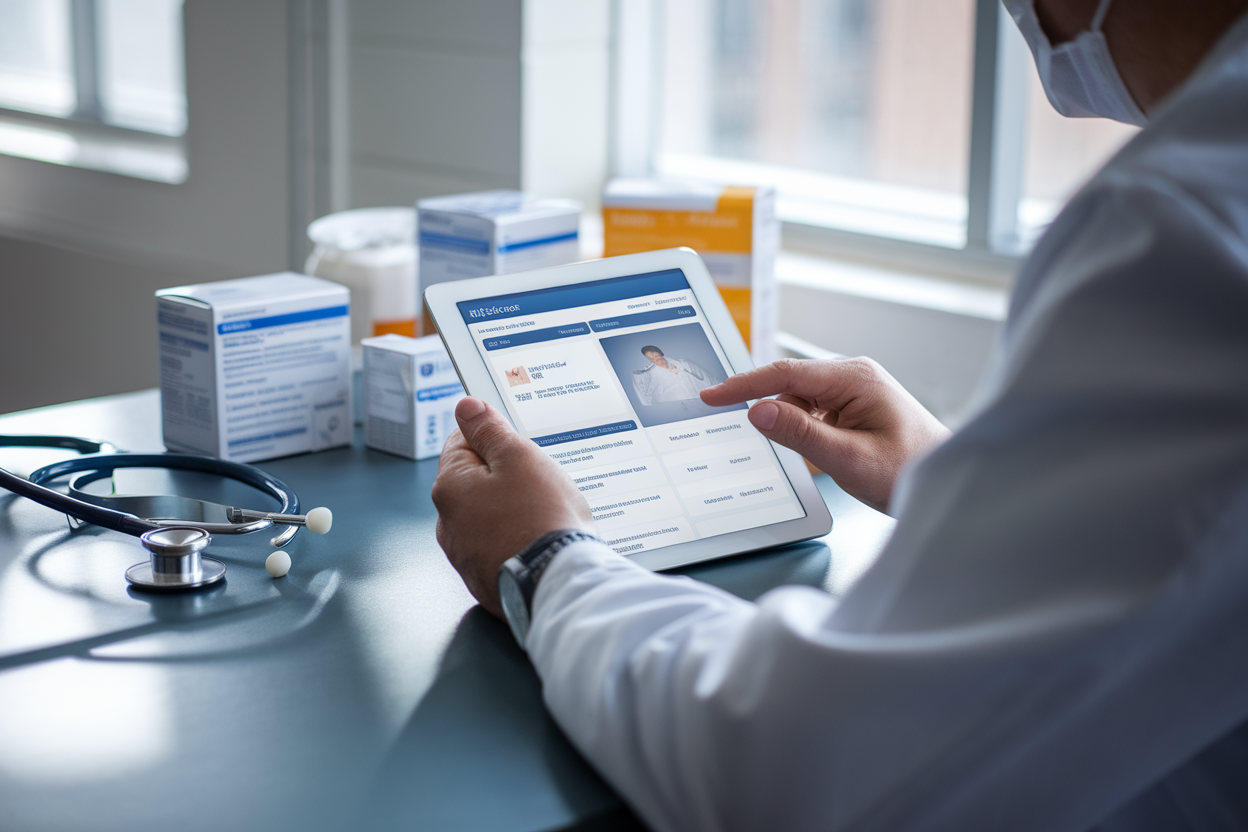 Consultazione clinica con medico, tablet e farmaci su scrivania