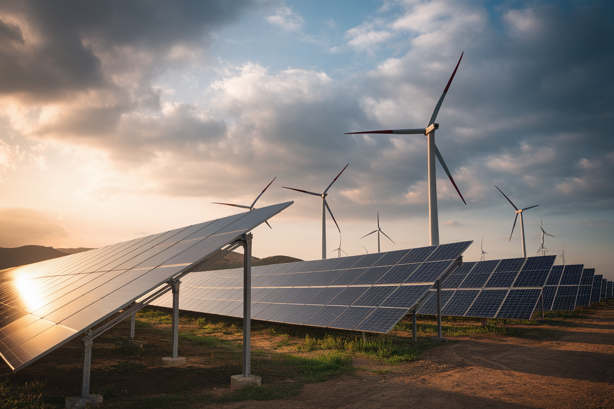 Parco solare e turbine eoliche al tramonto, prospettiva ampia