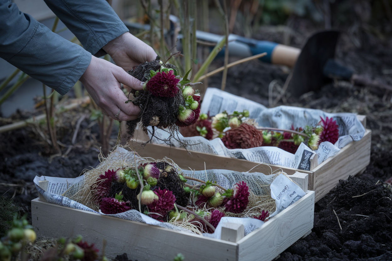 Tuberi di dalia in cassette pronti per la conservazione invernale