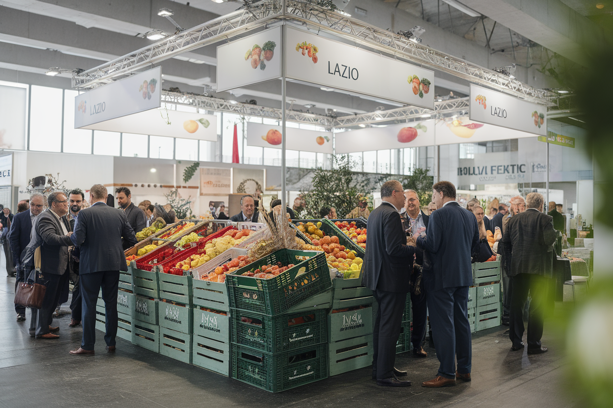 Stand fieristico regionale con cassette di frutta e operatori in conversazione