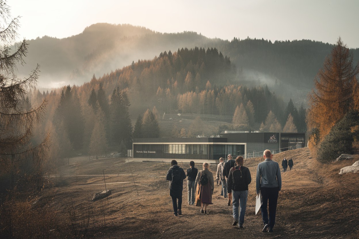 Paesaggio montano con foresta e edificio per conferenze a Bolzano