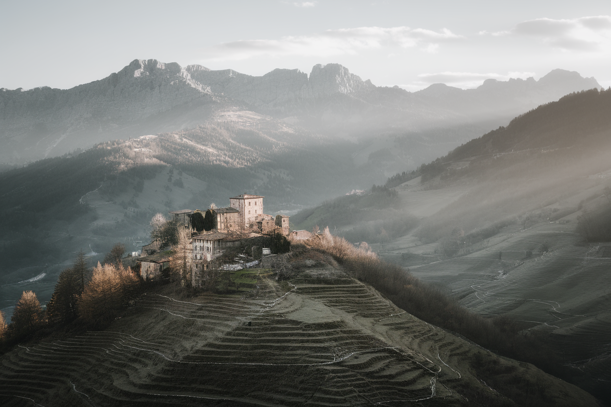 Paesaggio alpino lombardo con edifici storici e terrazzamenti