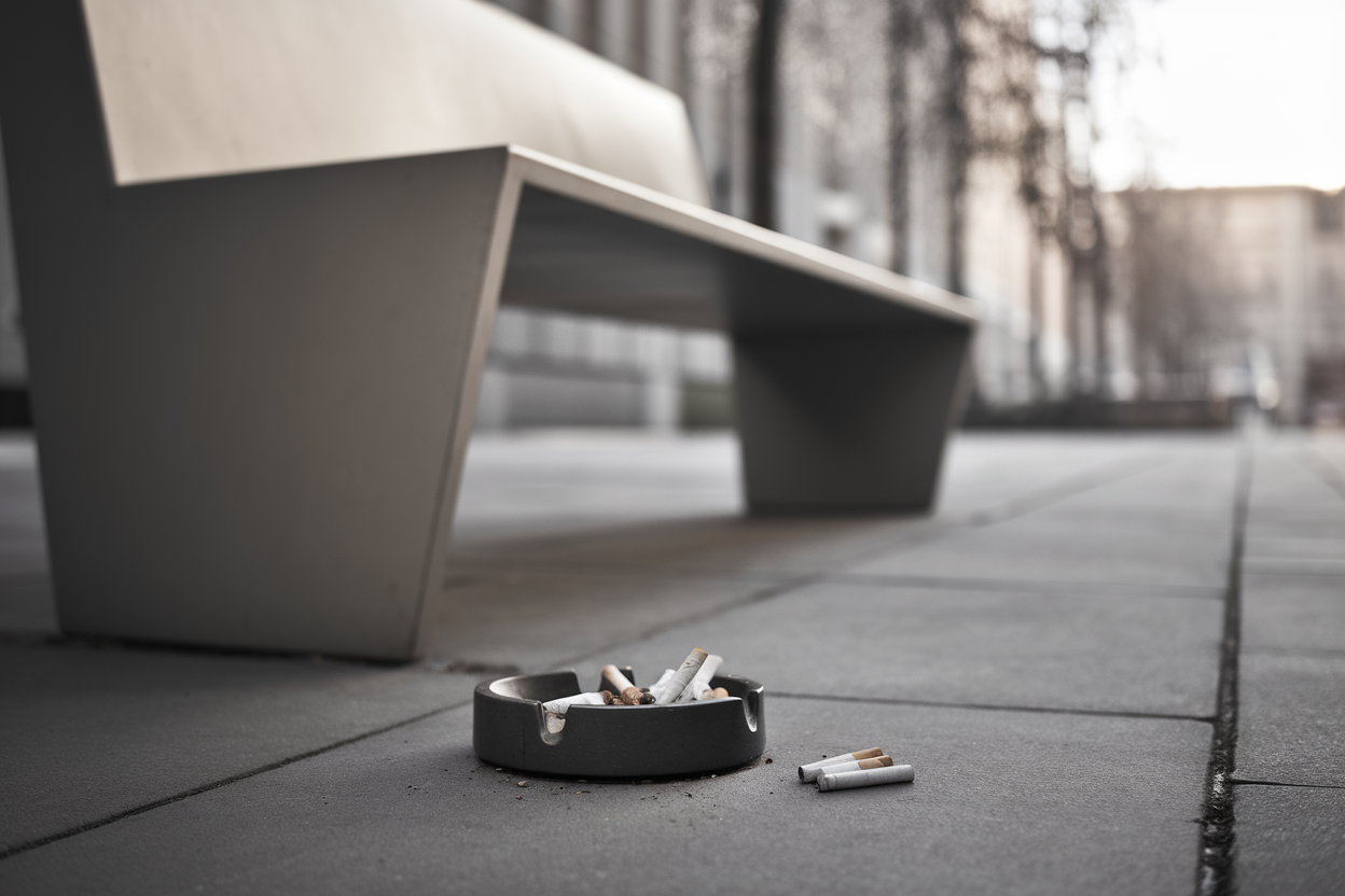 posacenere in piazza milanese con panchina e skyline sfocato