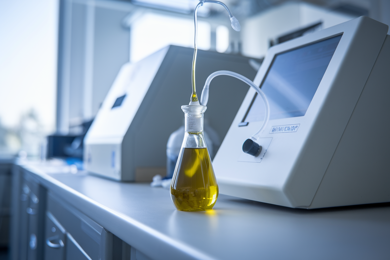 Vial di olio vicino a strumentazione NMR in laboratorio
