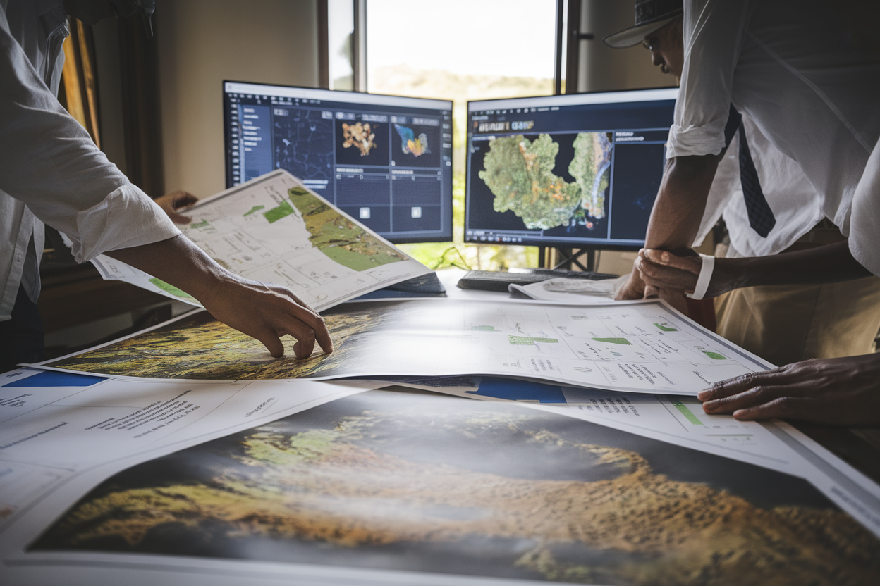 Ricercatori che analizzano mappe GIS e display digitali per acquacoltura