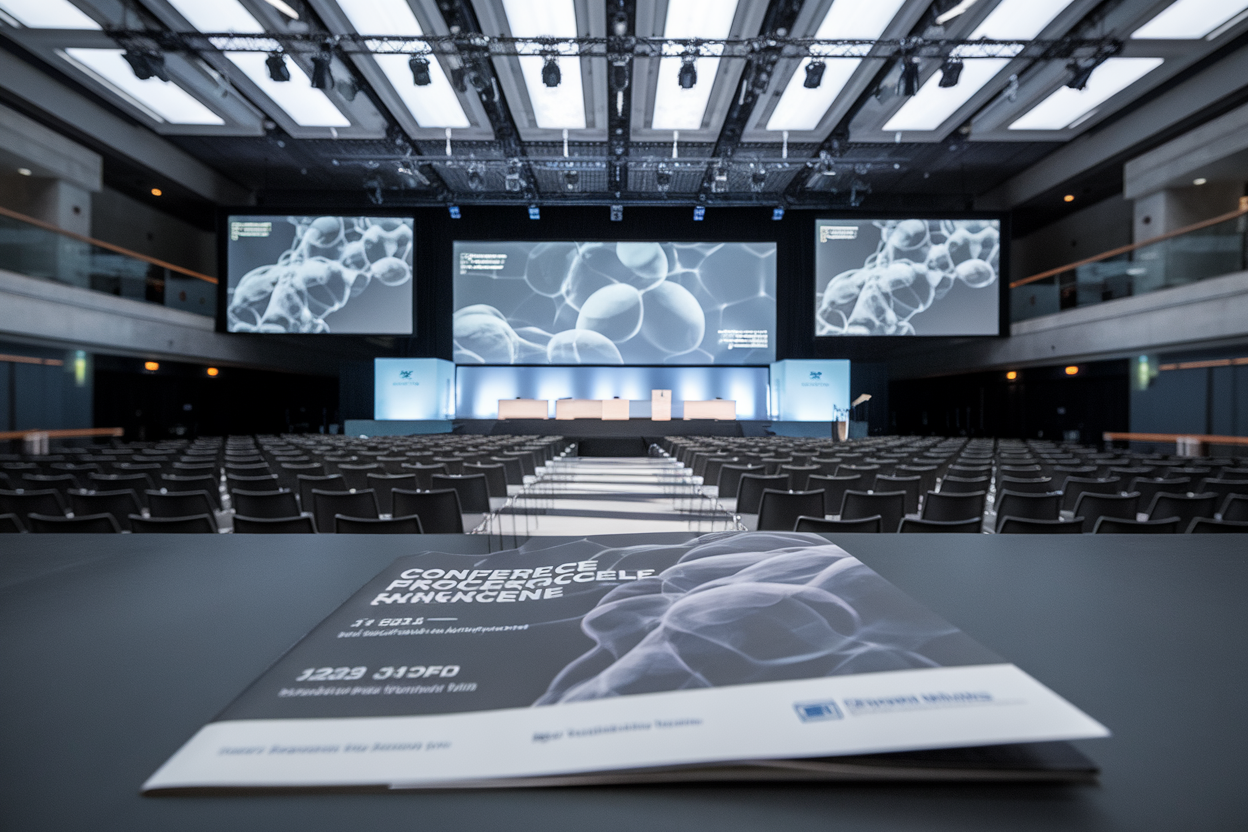 Sala conferenze vuota con podio e schermi, atmosfera professionale