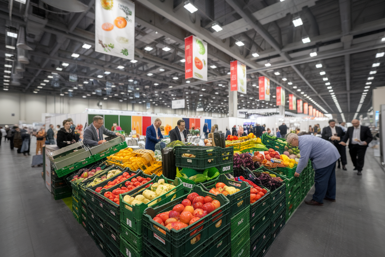 Stand espositivo con cesti di frutta e verdura in fiera