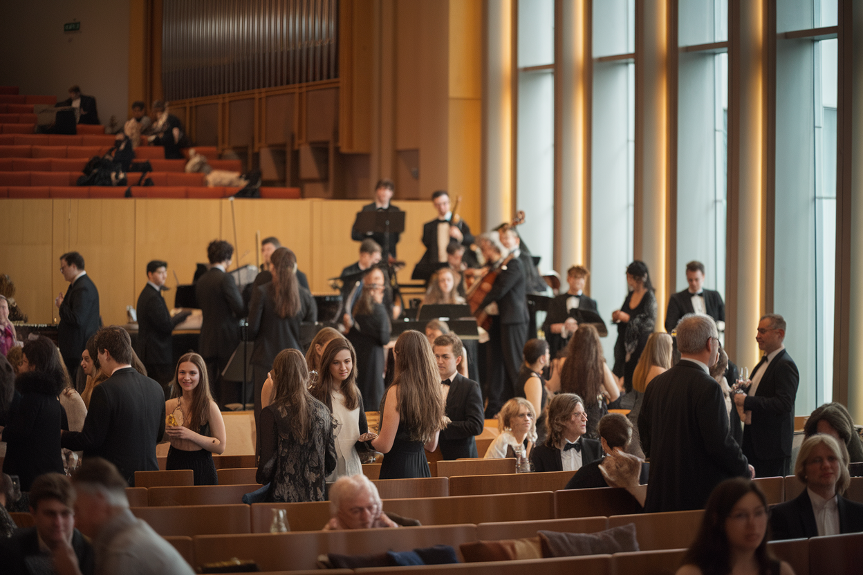 Sala dell’Aula Magna con partecipanti e piccola formazione d’archi