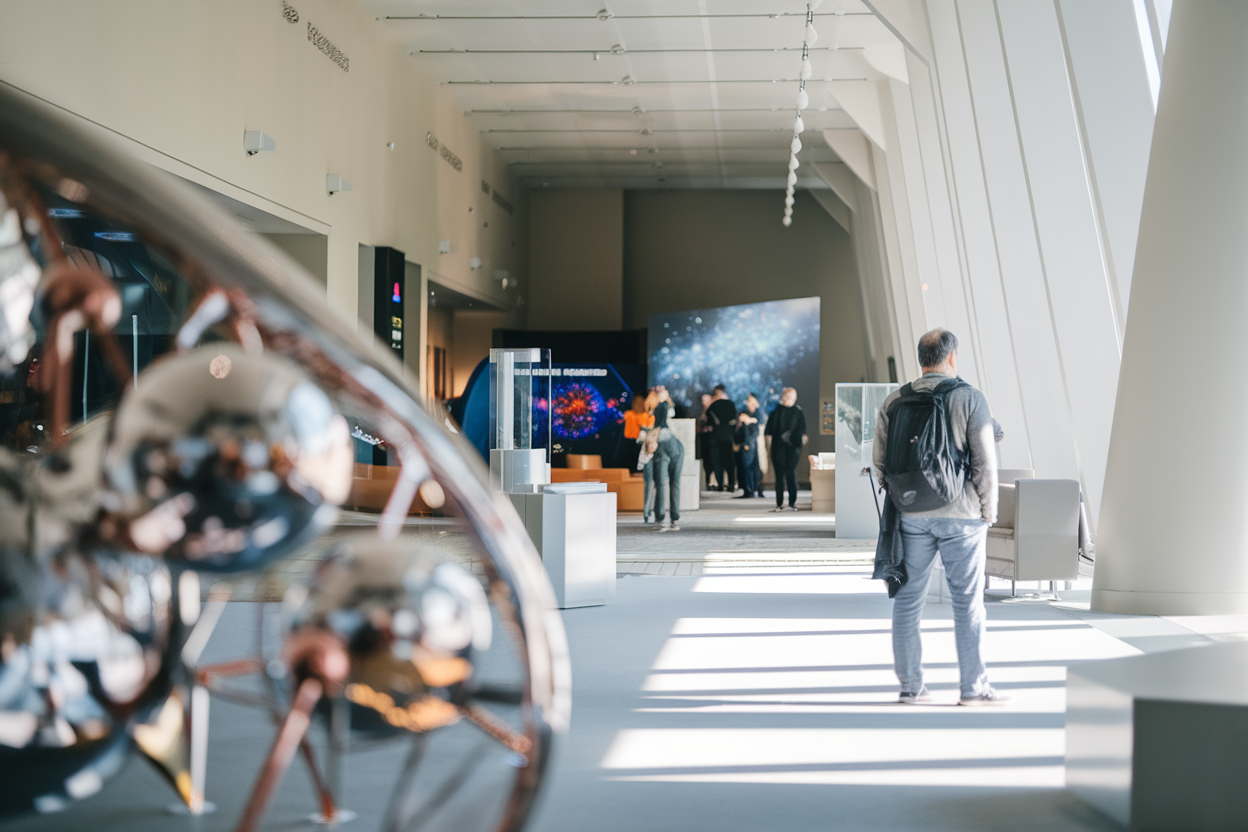 Interno del Museo delle Scienze con installazioni sulla meccanica quantistica