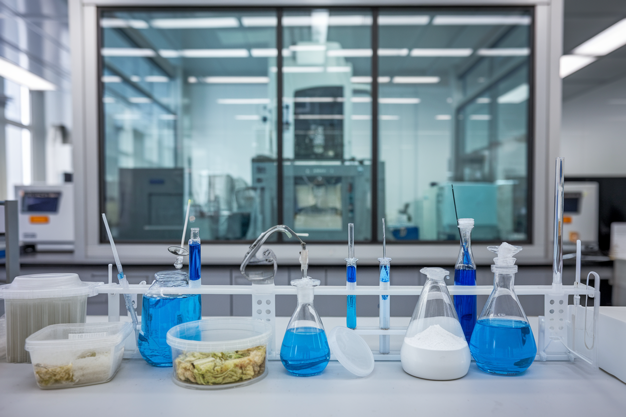 Banchi di laboratorio con campioni alimentari e strumenti di analisi