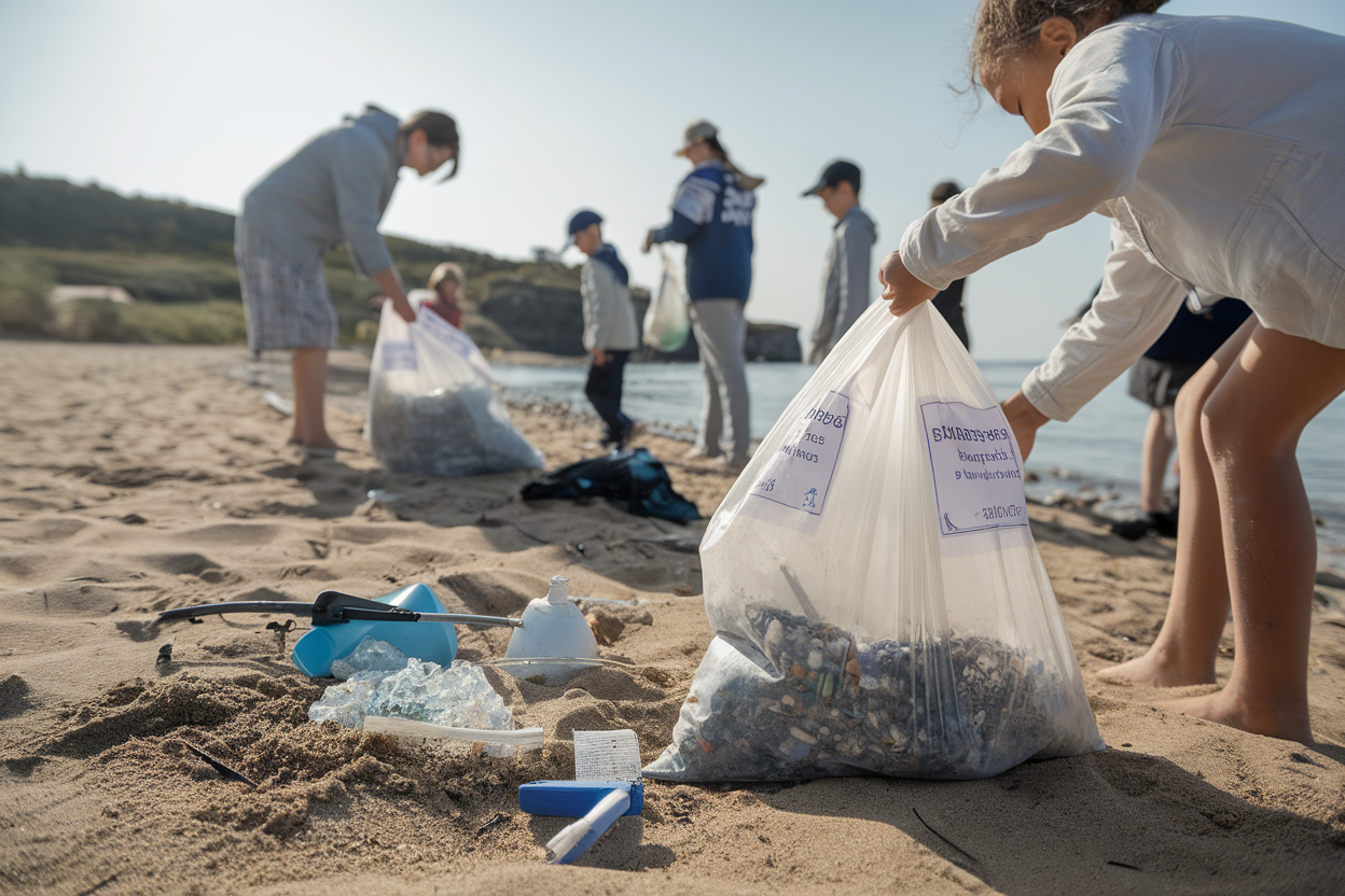 Bambini e educatori raccolgono rifiuti plastici su una spiaggia sarda