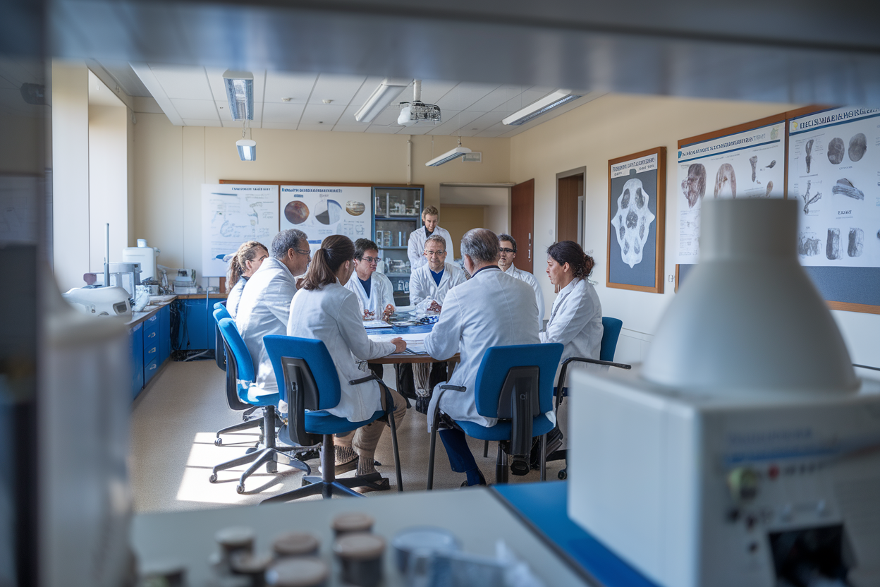 Incontro di ricercatori in laboratorio durante una conferenza scientifica