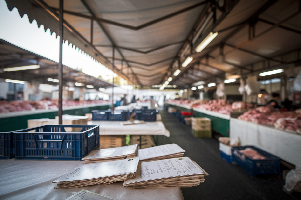 tavolo con listini e cassette vuote al mercato suino all'alba