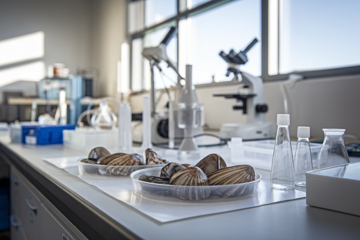 Banco di laboratorio con molluschi e microscopio per analisi