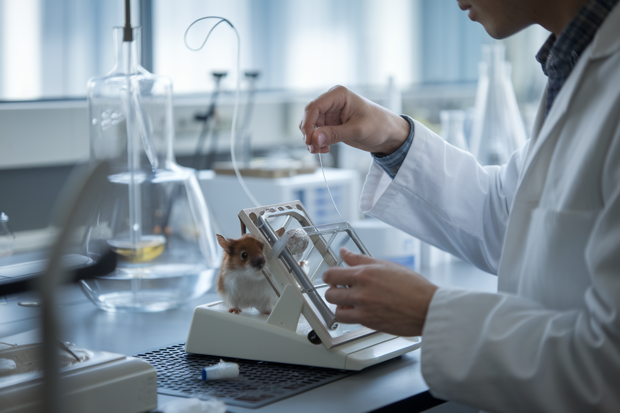 Ricercatore con fibra ottica e stereotassia in laboratorio di neuroscienze