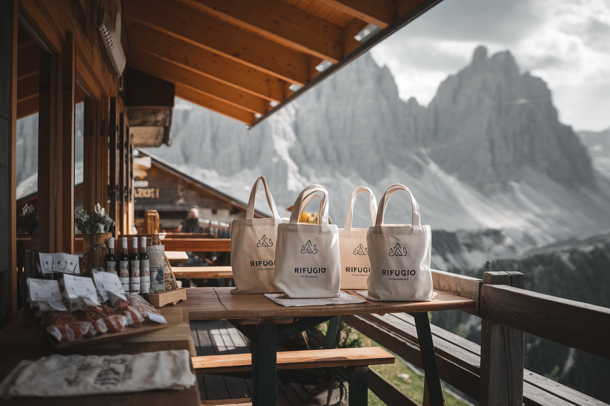 rifugio alpino estivo con borse in tela e prodotti locali sulla terrazza