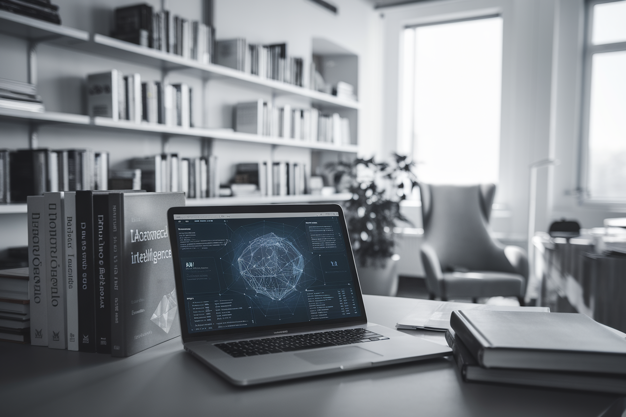 Ufficio universitario con libri su etica e laptop con visualizzazione astratta