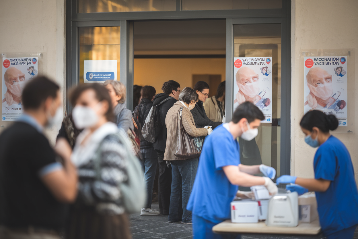 Ingresso di centro vaccinale universitario con persone in attesa