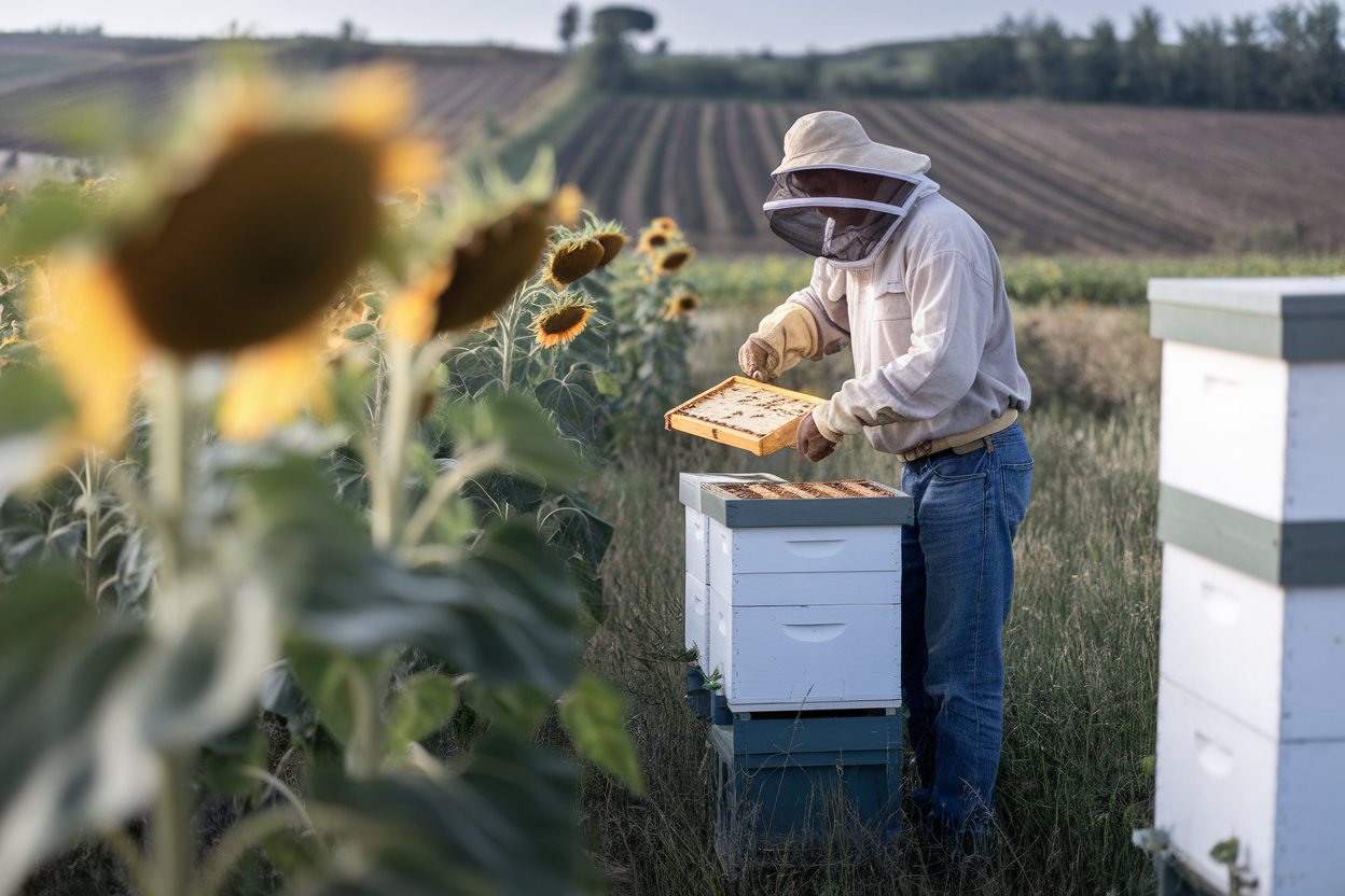 Apiario con trappole per polline tra girasoli e tecnici