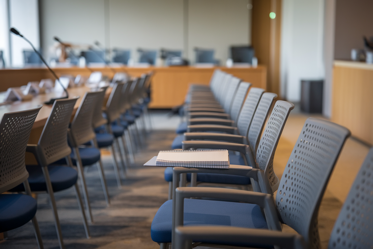 Sala riunioni universitaria vuota con microfono su tavolo