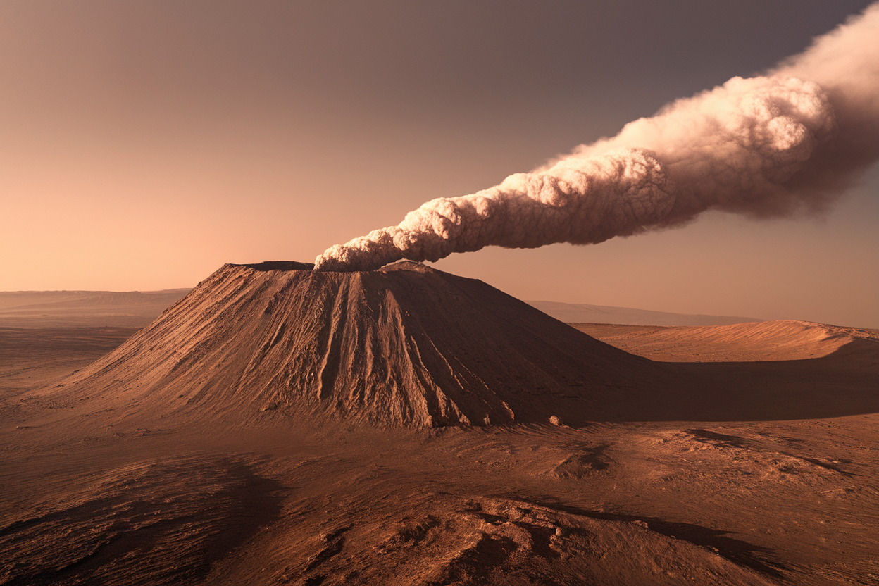 Lunga nube bianca sopra il fianco occidentale di Arsia Mons su Marte