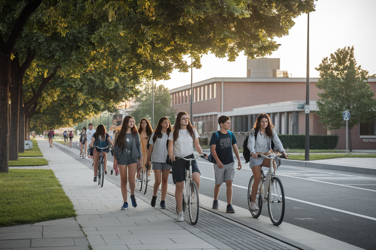 Studenti che valutano percorsi casa-scuola con alberi e marciapiedi