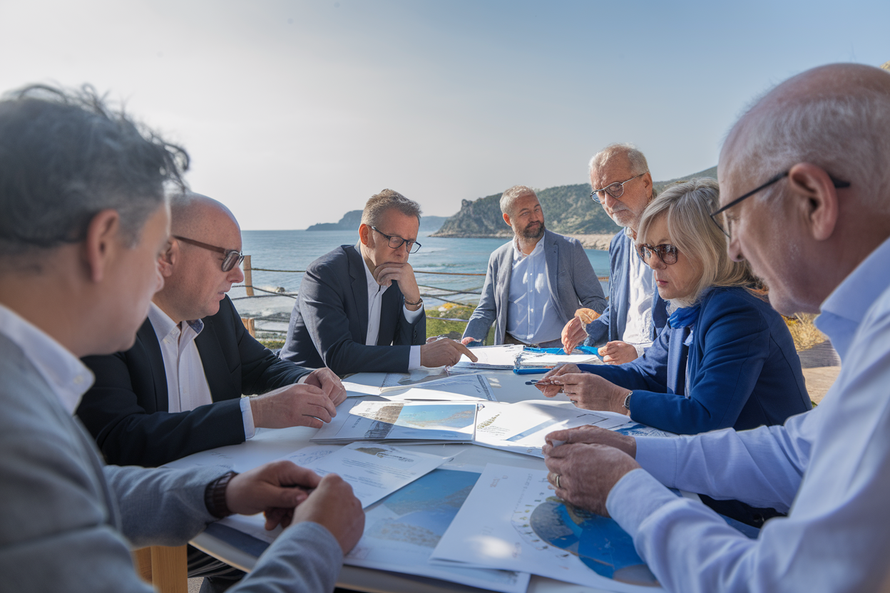 Riunione tecnica sul mare con mappe e apparecchiature di monitoraggio