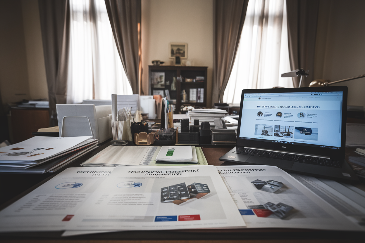 Report stampato su scrivania istituzionale con laptop e luce naturale