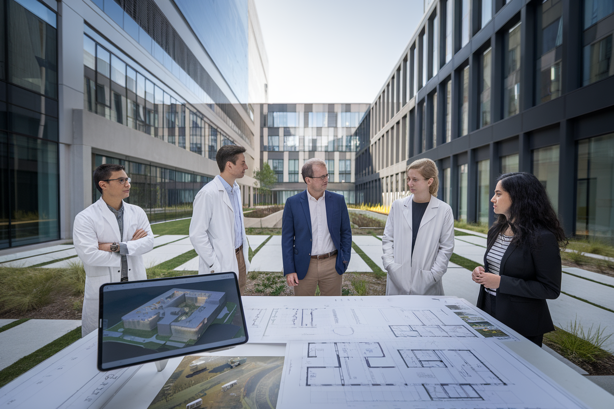 Cortile del parco scientifico con piani di progetto e tablet digitale