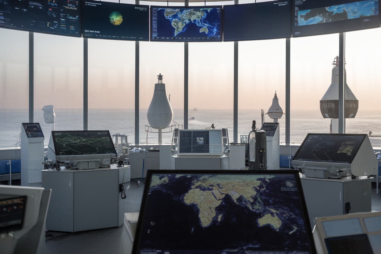 Hub di monitoraggio climatico con boe oceaniche e schermi di dati