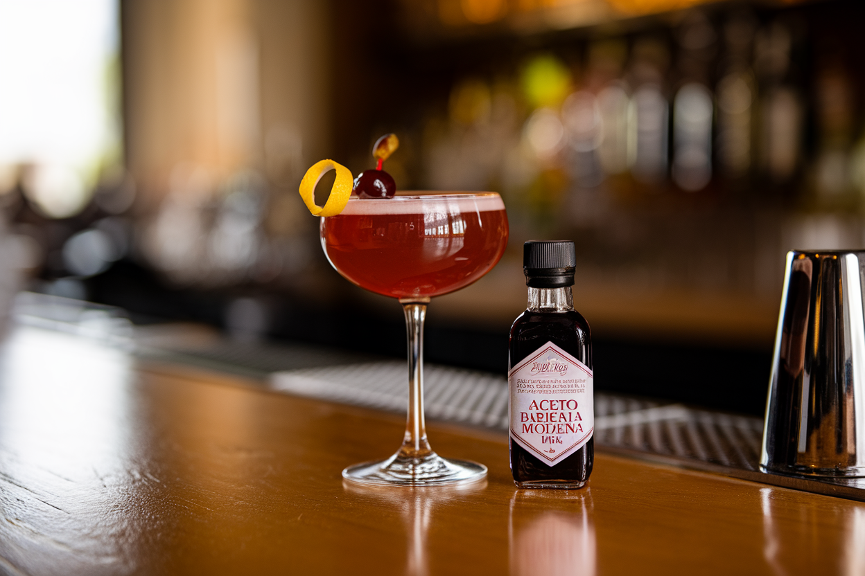 Bicchiere da cocktail con bottiglia di Aceto Balsamico di Modena IGP sul bancone
