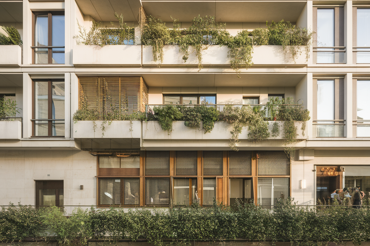 Facciata riqualificata della residenza universitaria con bow-window verdi