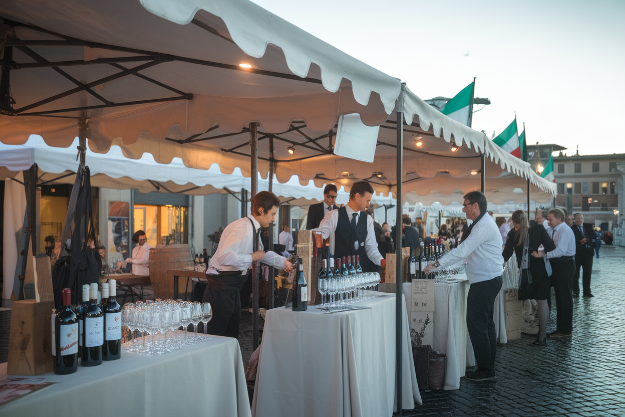 Stand regionale con bottiglie di vino e bicchieri a Vinòforum
