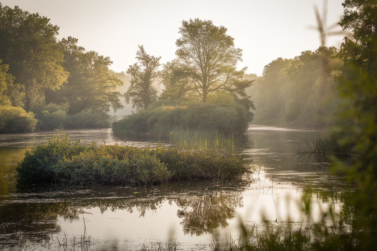 Isola boschina con vegetazione ripariale e acque calme, luce naturale
