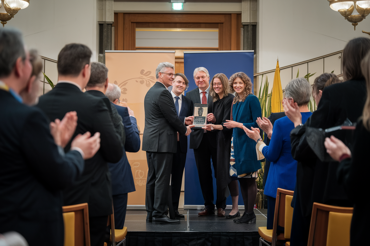 staff universitario riceve un premio in una cerimonia formale