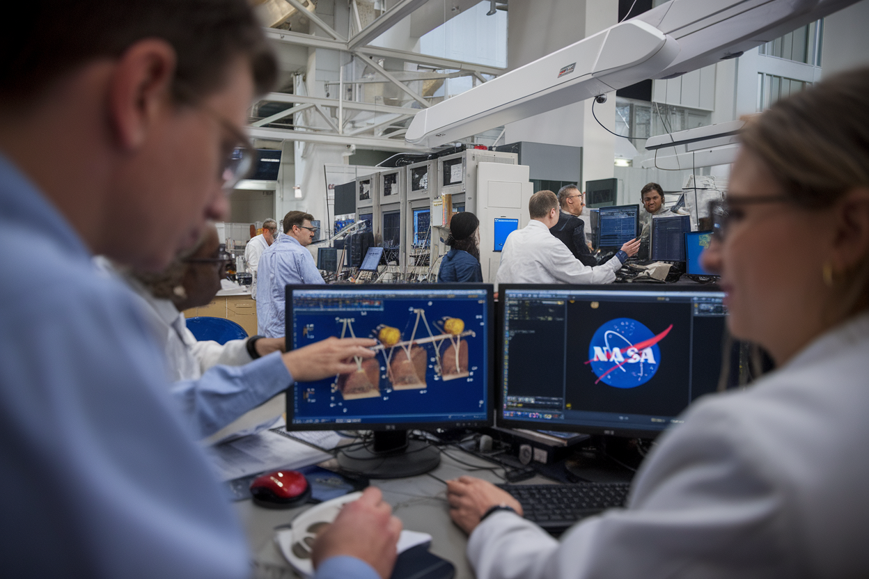 Interno di laboratorio NASA con scienziati e apparecchiature in attività