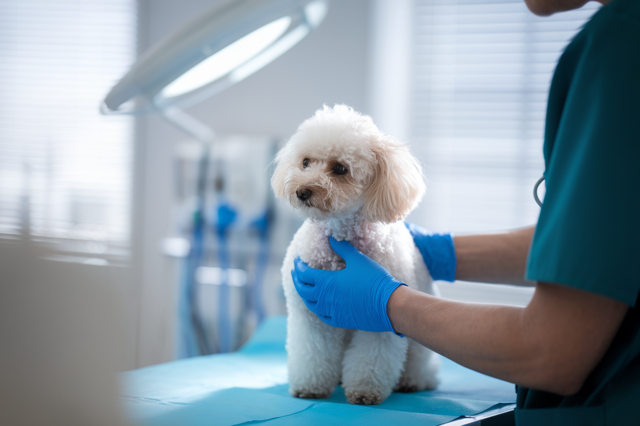 Barboncino bianco in clinica veterinaria con veterinario che lo visita