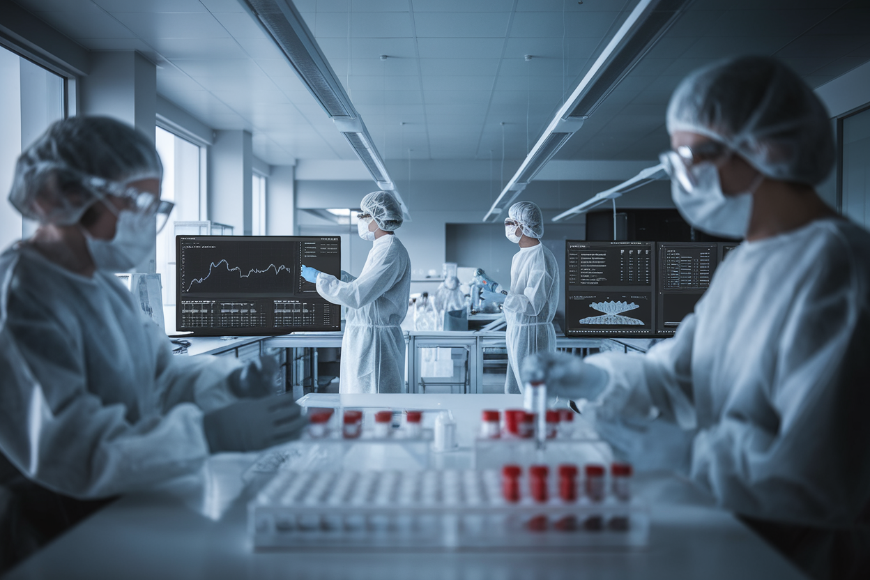 Laboratorio biomedico moderno con ricercatori e provette
