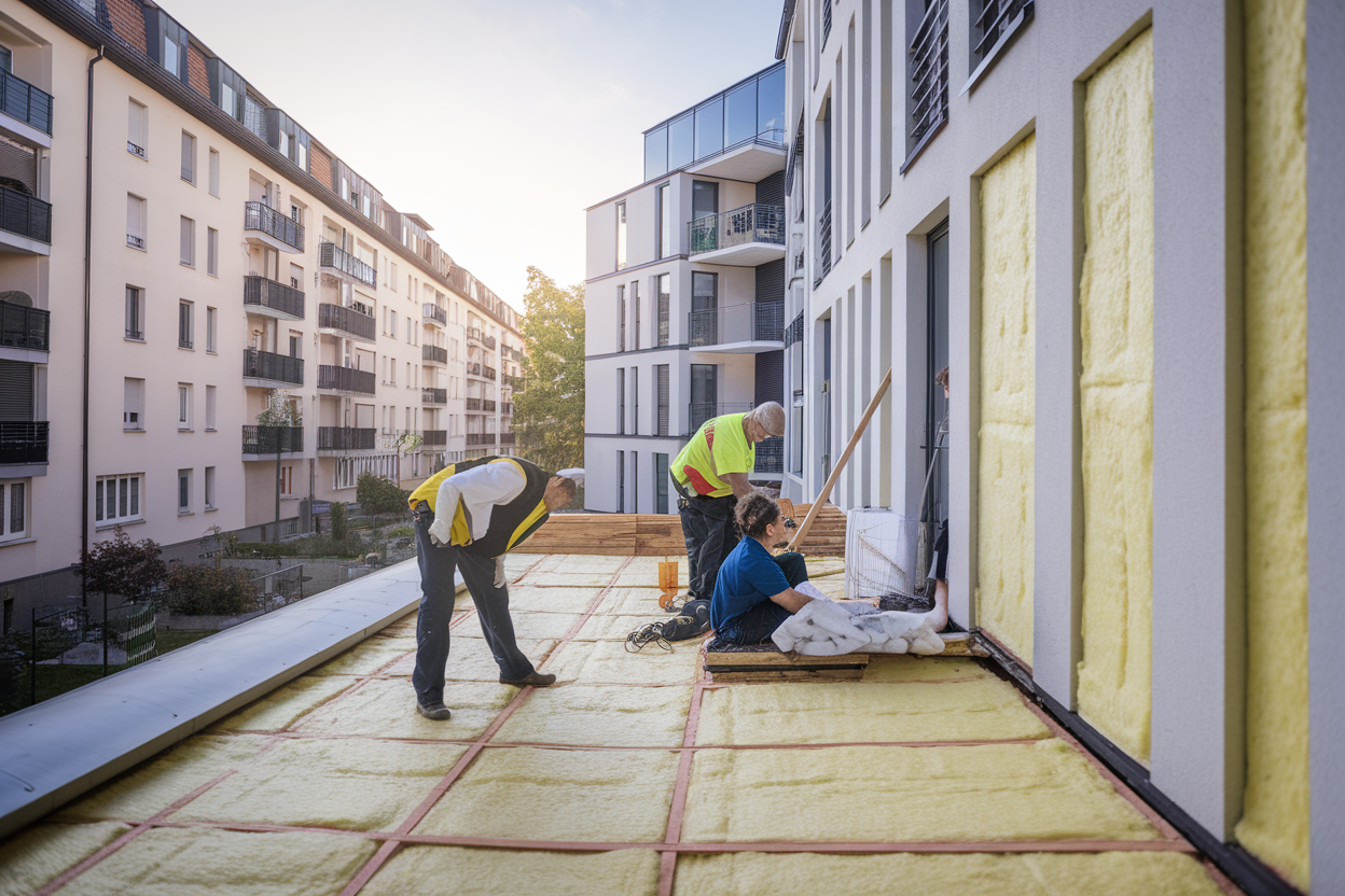 Quartiere europeo con lavori di ristrutturazione energetica in corso e operai al lavoro