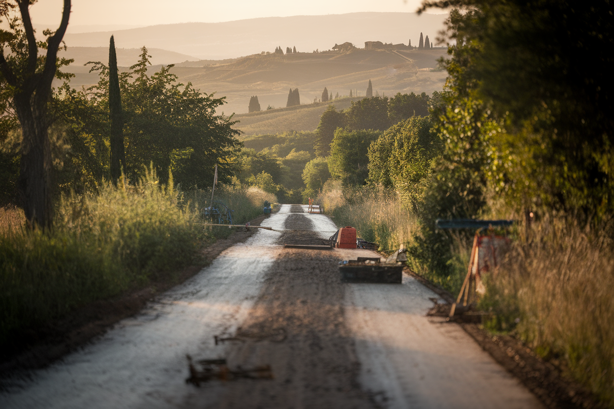 Strada rurale in campagna con segni di manutenzione e vegetazione tagliata