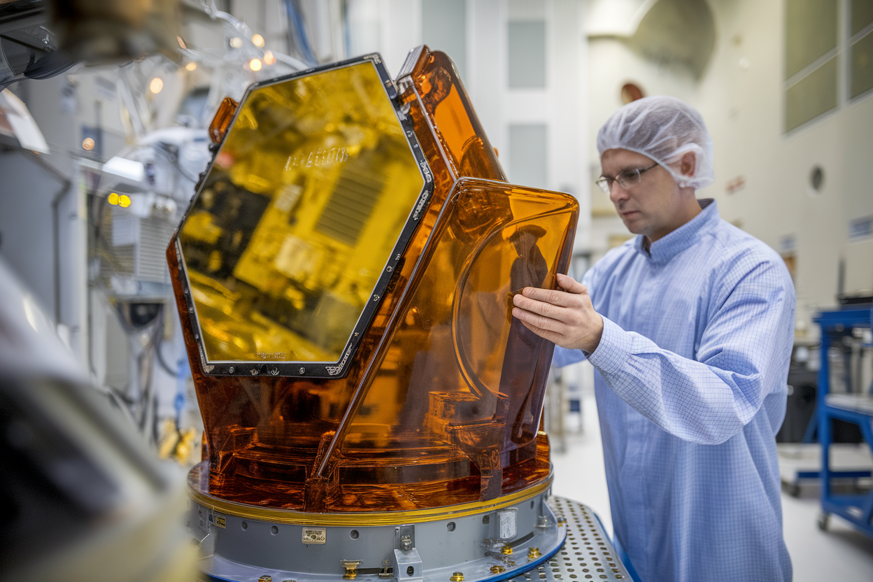 Tecnico in camera pulita ispeziona componente di telescopio ambra con specchio dorato