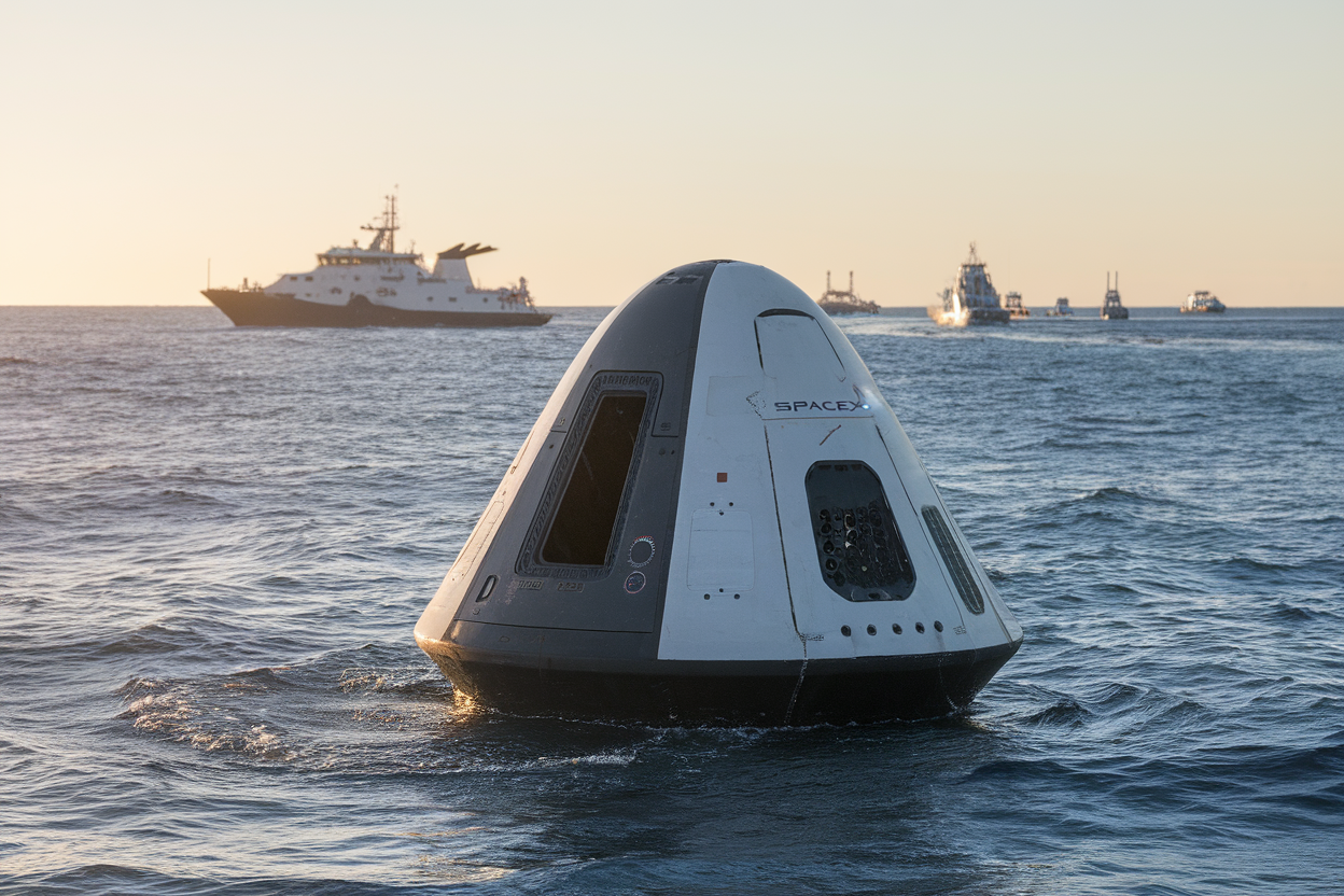 Capsula Crew Dragon in acqua con navi di recupero sullo sfondo
