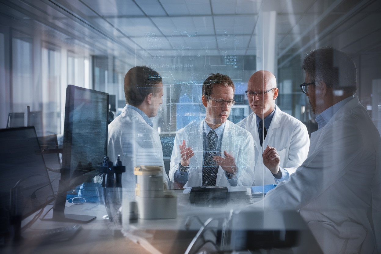 Ricercatori in laboratorio che consultano dati su schermo trasparente