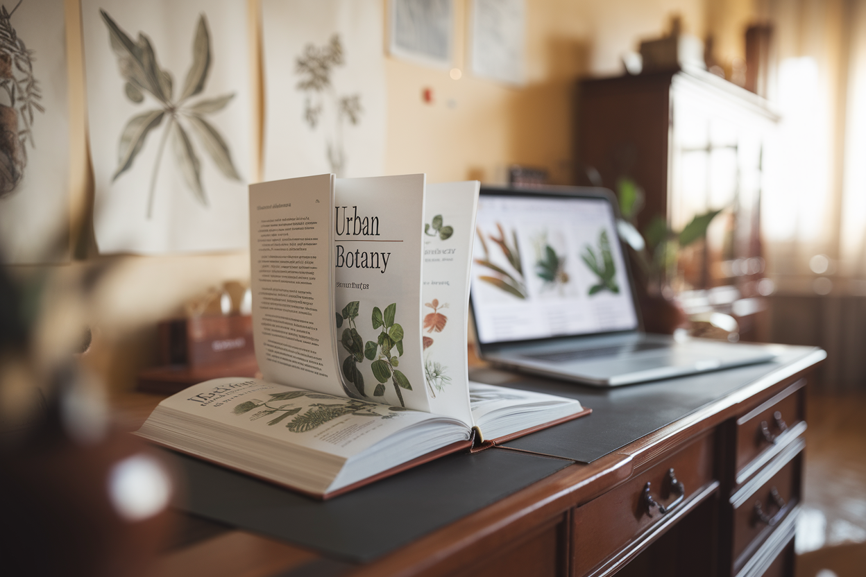 Volume Urban Botany su scrivania con schizzi botanici e laptop