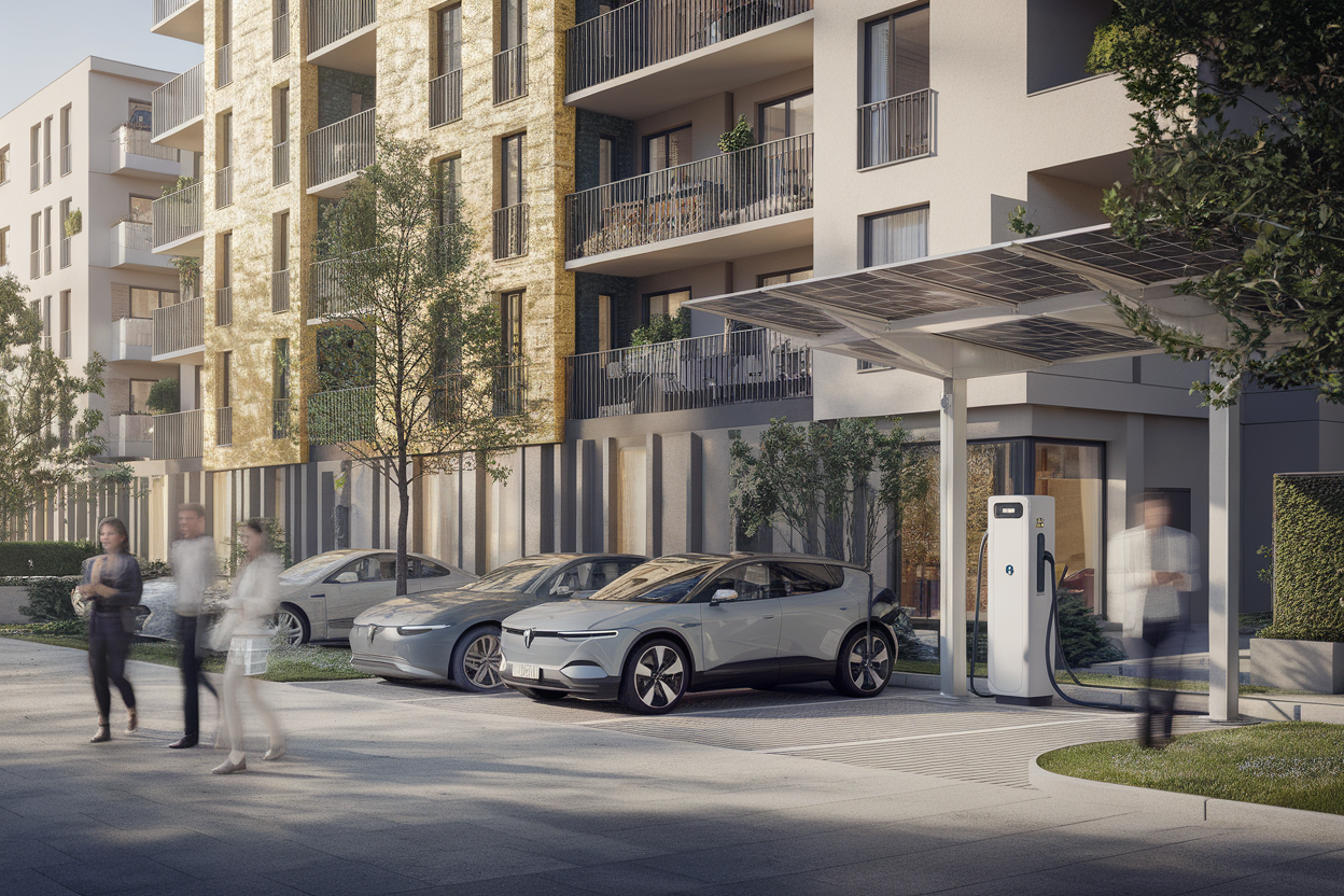 Edificio efficiente con auto elettriche in strada di città