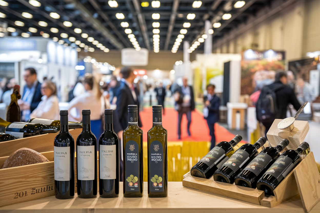 Stand fieristico con bottiglie di vino e olio su tavolo di legno
