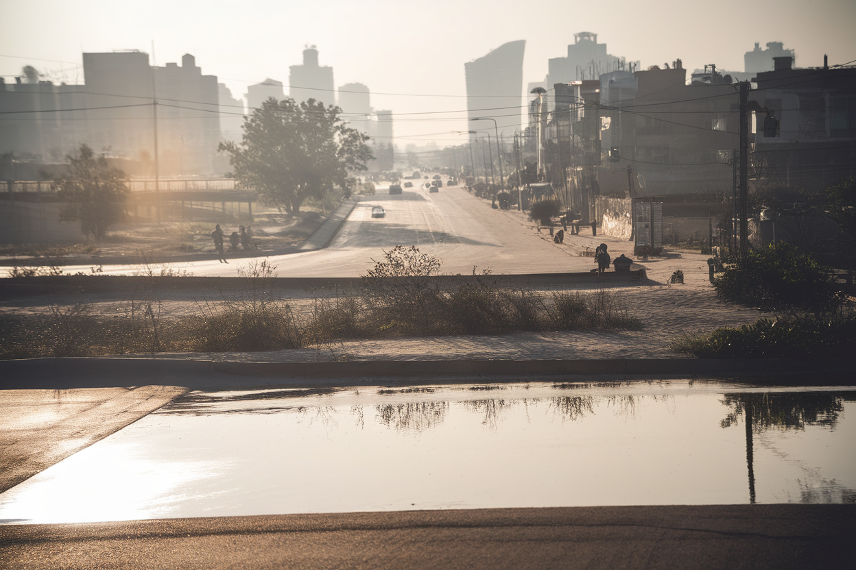 Strada urbana con effetti di calore sulle superfici e poca vegetazione
