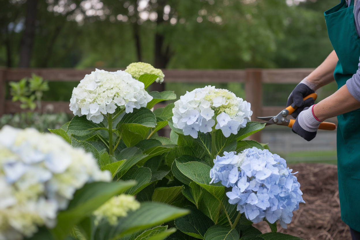 Ortensia in giardino con fiori appassiti e cesoie pronte per la potatura