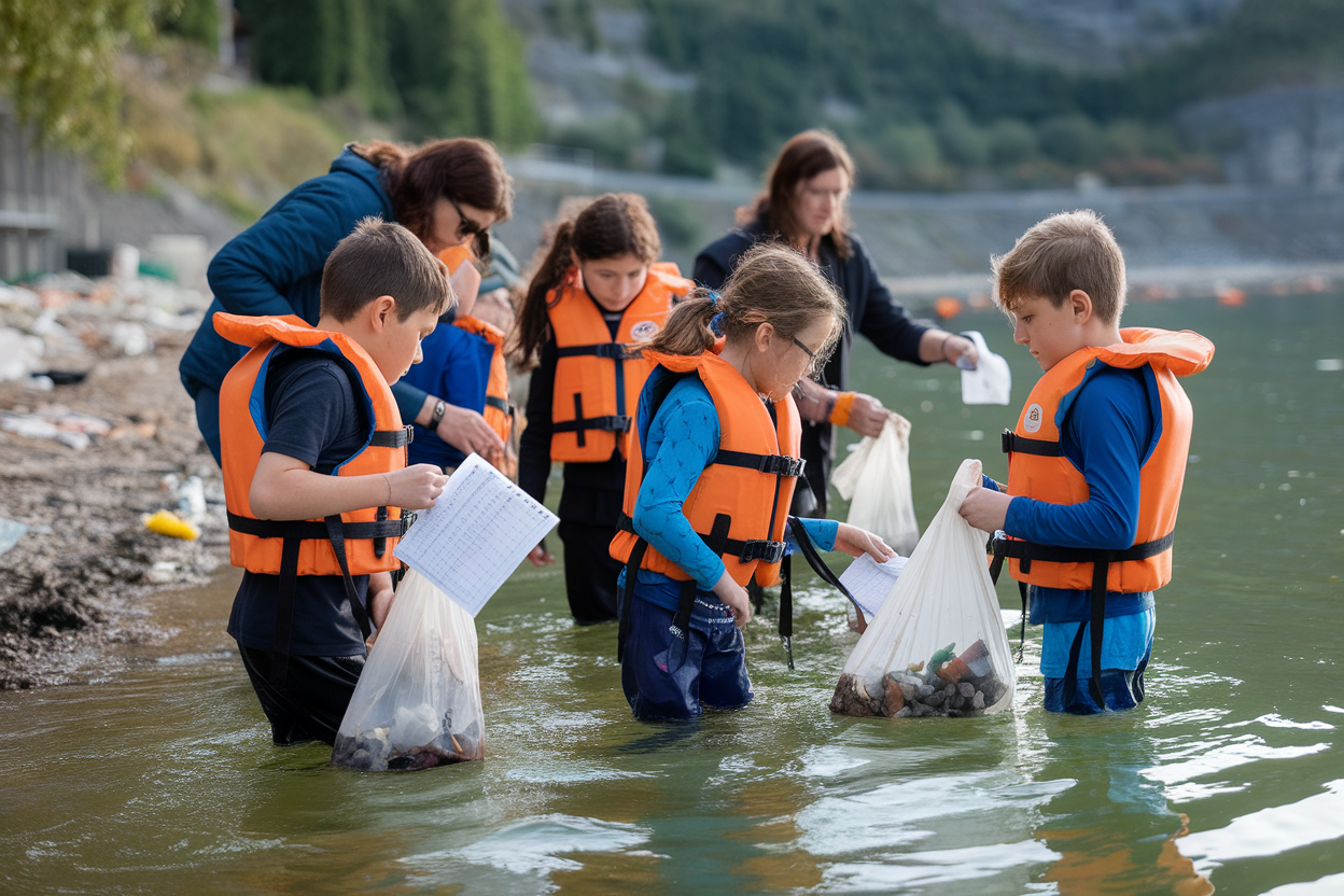 Studenti che raccolgono plastica sulle rive del lago di Endine durante il campionamento