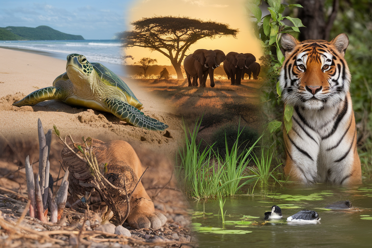 Montaggio di tartaruga, elefante e tigre per biodiversità